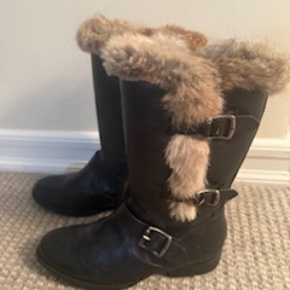 Frye Jamie Lux Rabbit Fur Lined Black Leather Moto Boots Size 7